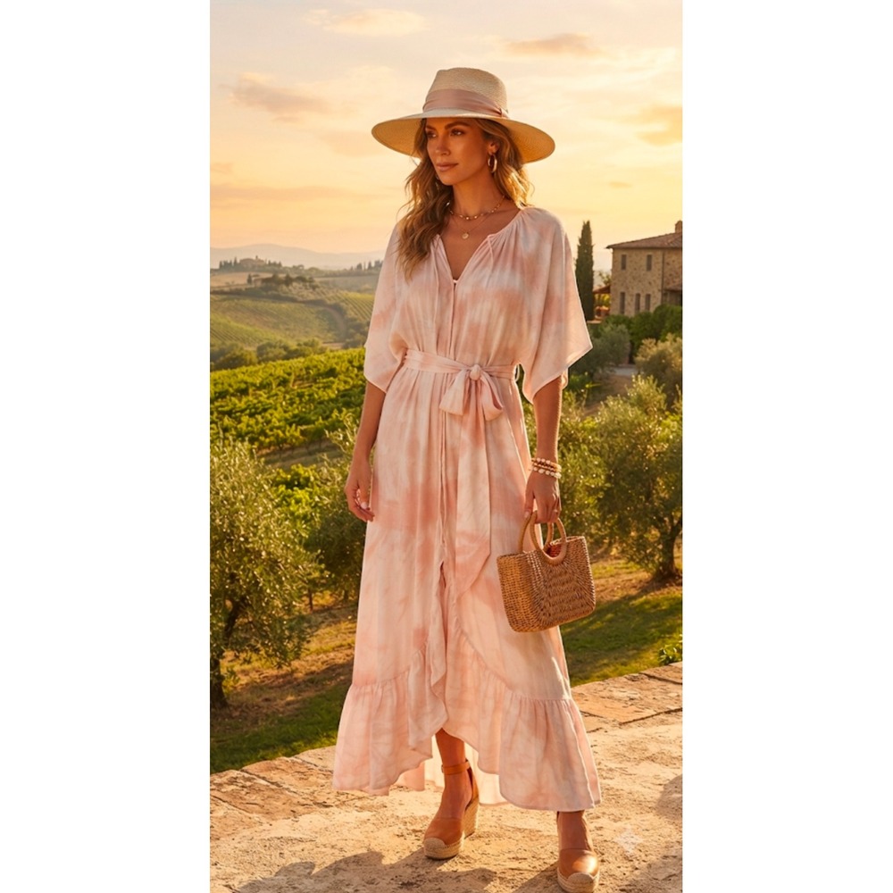 Olivaceous Pink Tie Dye Kaftan Maxi Dress Ruffle Hem Small NWT